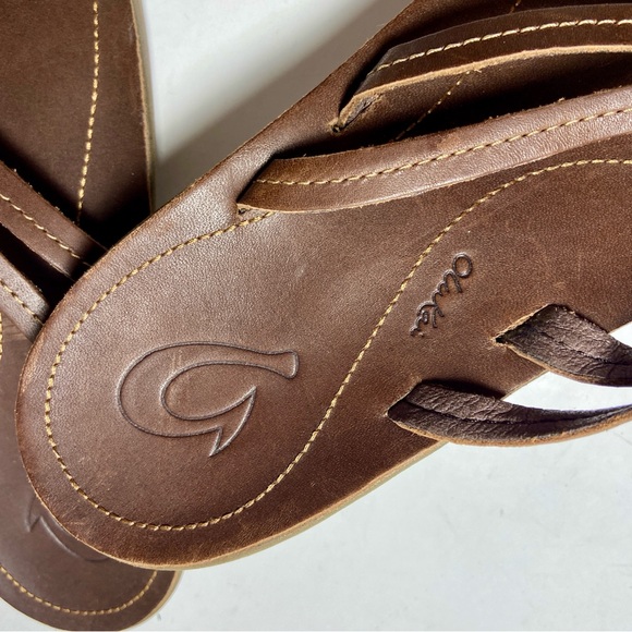 OLUKAI womens brown leather strappy thong sandals beach lake boating flip flop - Picture 7 of 9
